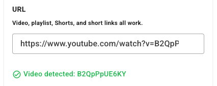 YouTube video link with a confirmation message indicating video detection.